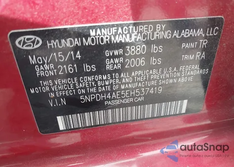 2014 Hyundai Elantra Se from USA, damaged, VIN 5NPDH4AE5EH537419